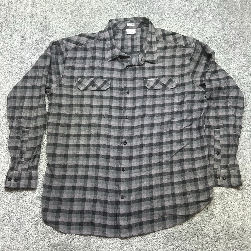 Columbia Omni Wick Flannel Shirt Mens 2XL Black Gray Plaid Long Sleeve Regular